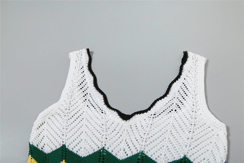 Summer Fashion Contrast Color Sexy Low-Cut Slim Sleeveless Knitting Bodycon Dress 9