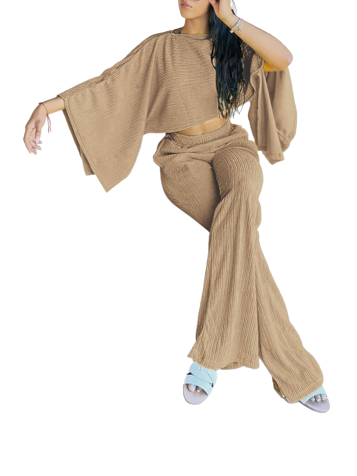 Women's Fashion Sexy Beach Holidays Solid Slash Shoulder Irregular Top with Elastic Waist Pockets Long Pants Set 27