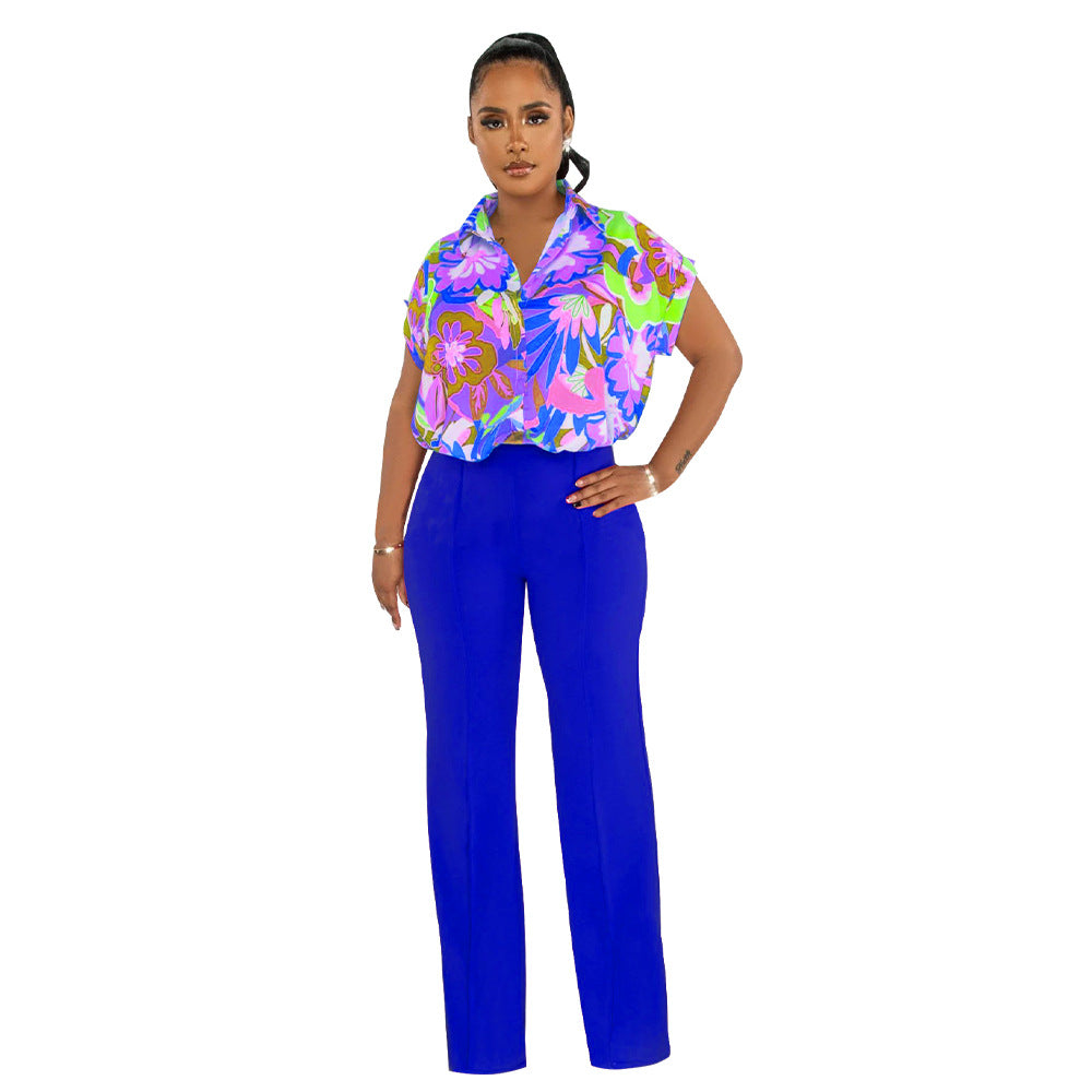 Women's Fashion Summer Printed Shirt Straight Leg Pants Suit For Women 7