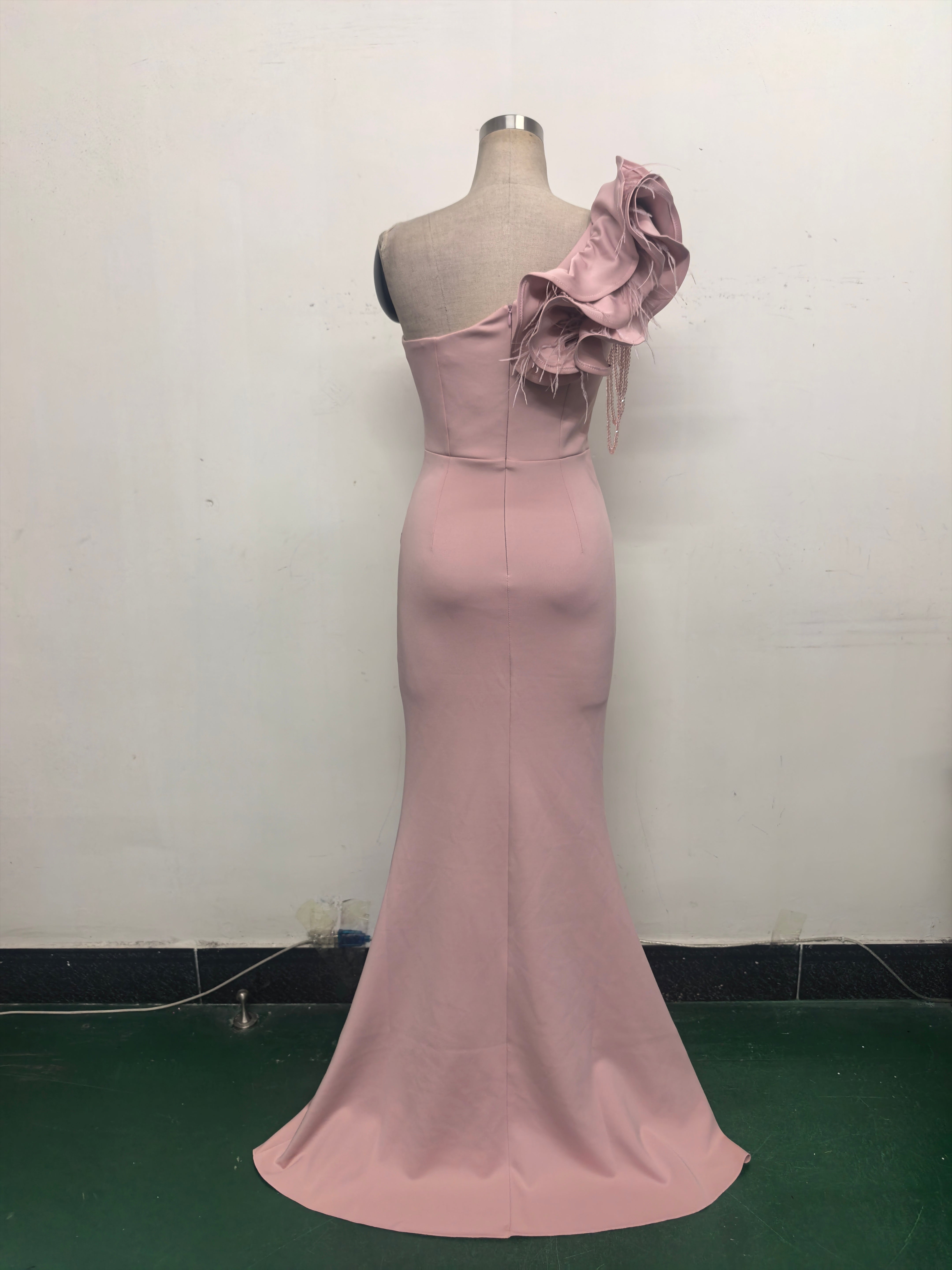 Women One-Shoulder Beaded Wool and Floral Satin Slit Sexy Evening Dress 33