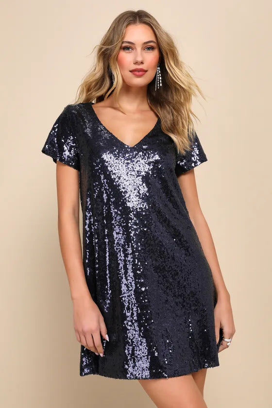 Fashionable v-neck short-sleeved Casual sequined party dress for women 3