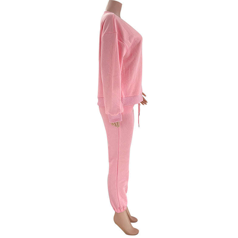 Solid Round Neck Pullover Pants Women's Fashion Casual Long Sleeve Hoodies Set 24