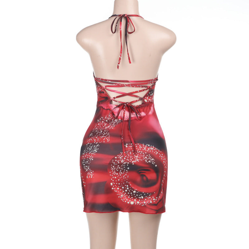 Sexy Low Back Lace-Up Slim Waist V-Neck Flower Print Strap Bodycon Dress 8