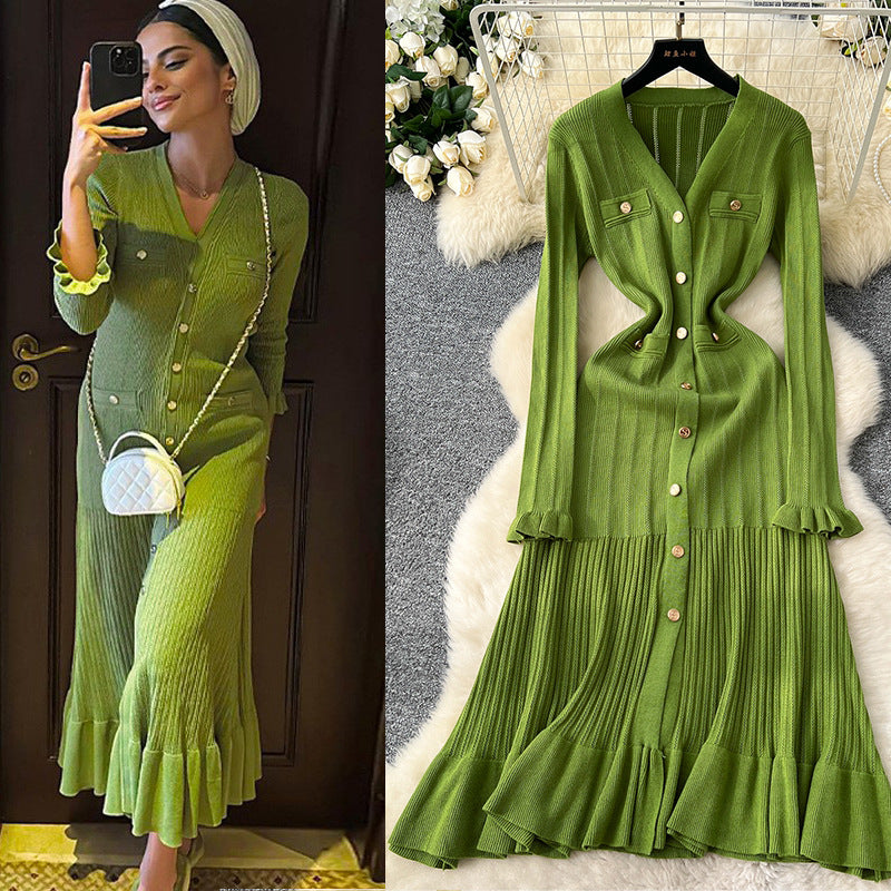 Women Fall/Winter Long-Sleeved V-Neck Ruffled Knitting Dress 13