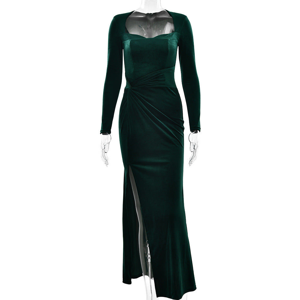 Spring Elegant Long Sleeve Velvet Slit Pleated Square Neck Long Dress 16