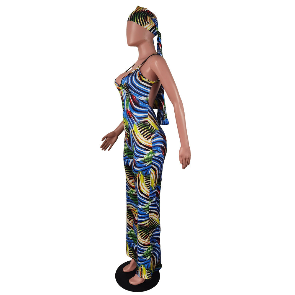 Women's Summer Sleeveless Straps Painted Print Low Back Long Jumpsuit With Bandana 11