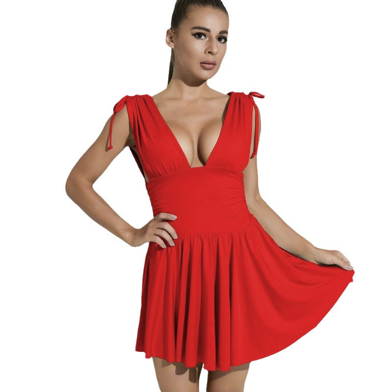 Women's Summer Sleeveless Sexy Deep V Slim Fit Pleated Dress 12