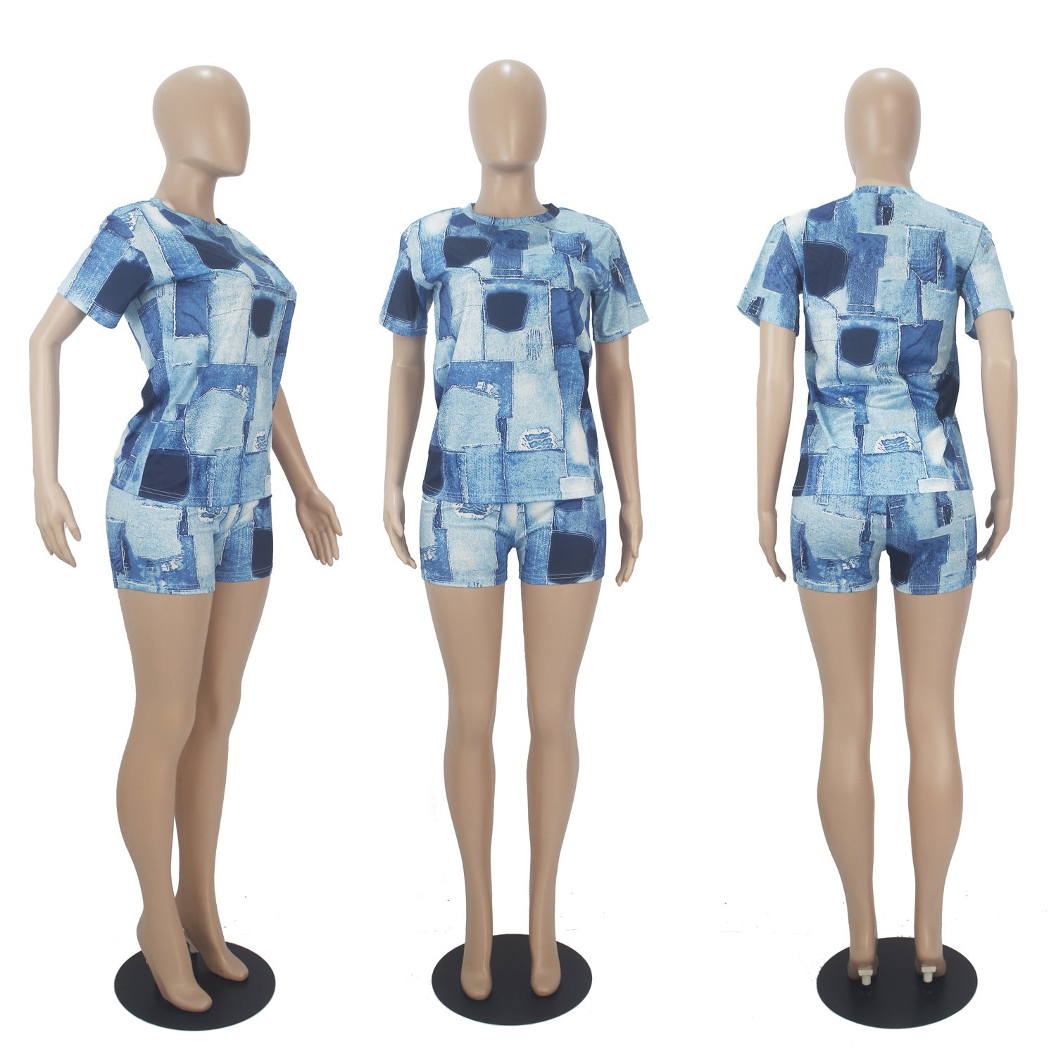 Women Casual Solid printed short-sleeved top and shorts two-piece set 10