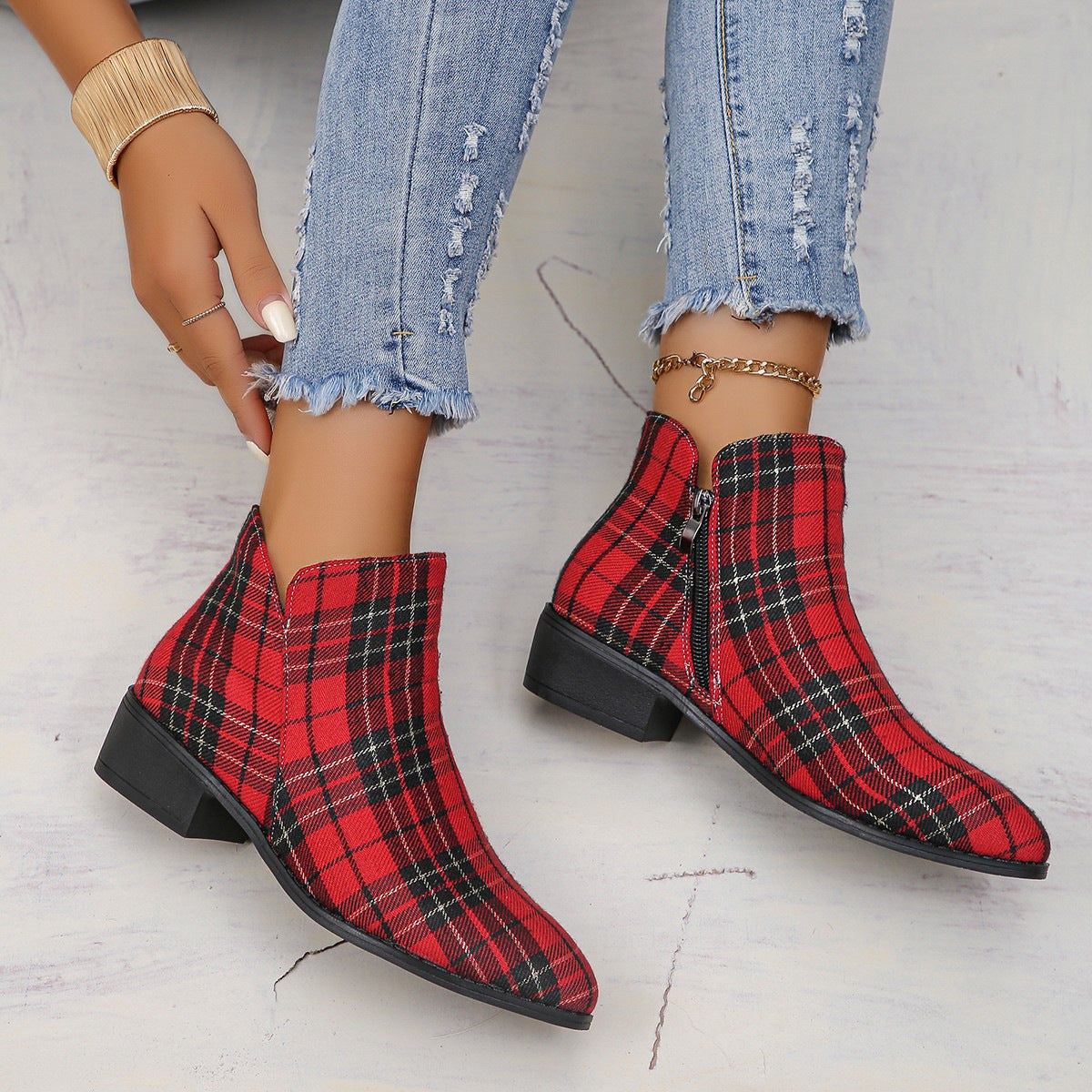 Women Vintage Red Plaid Fashion Boots