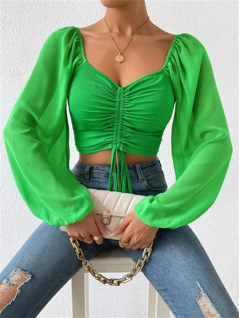 Summer V-Neck Chiffon Drawstring Lantern Sleeves Fashion Sexy Shirt 23