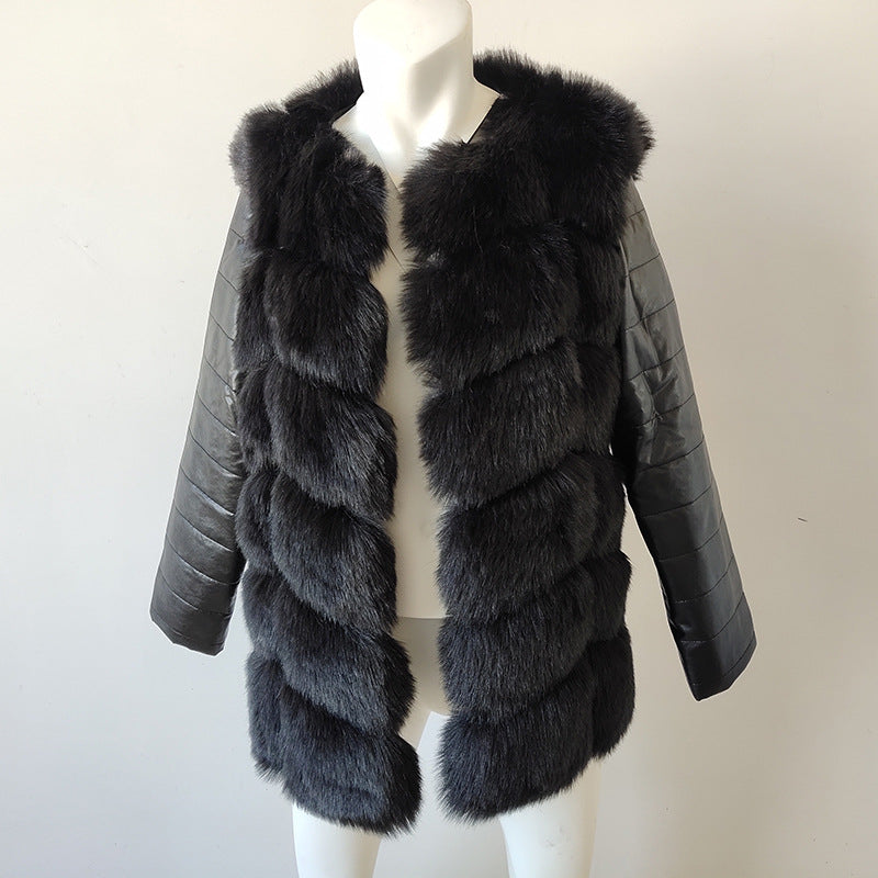 Women Winter Black Long Sleeve Thick Warm Faux Furry Jacket 5
