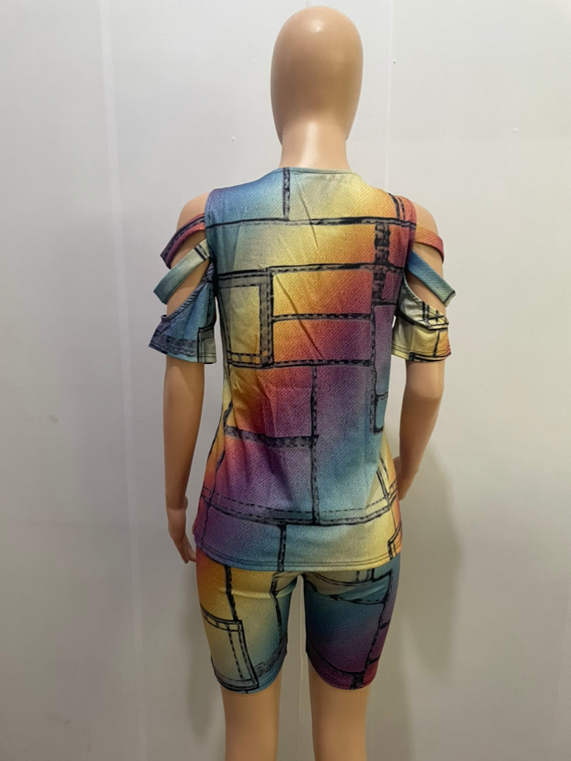 Women Contrasting Color Bandage Print Short Sleeve Top and Shorts Two-Piece Set 15