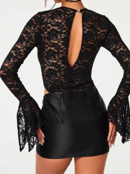 Women sexy lace see-through long-sleeved hollow dress set