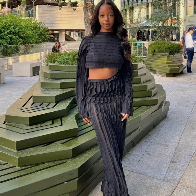 Women Fall Solid Round Neck Long Sleeve Crop Top and Skirt Two-Piece Set 8