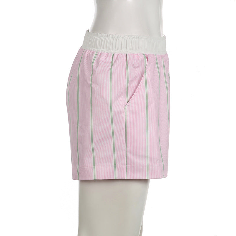 Women contrast color patchwork stripe casual pocket button shorts 8