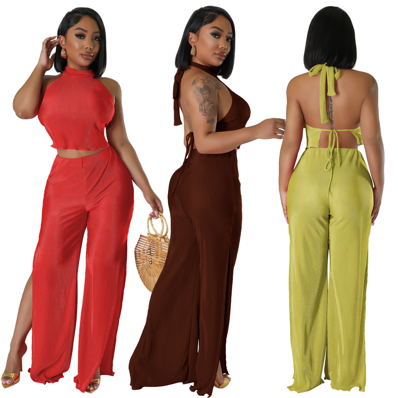 Women Sexy Backless Crop Top and Split Pants Two-Piece Set 5