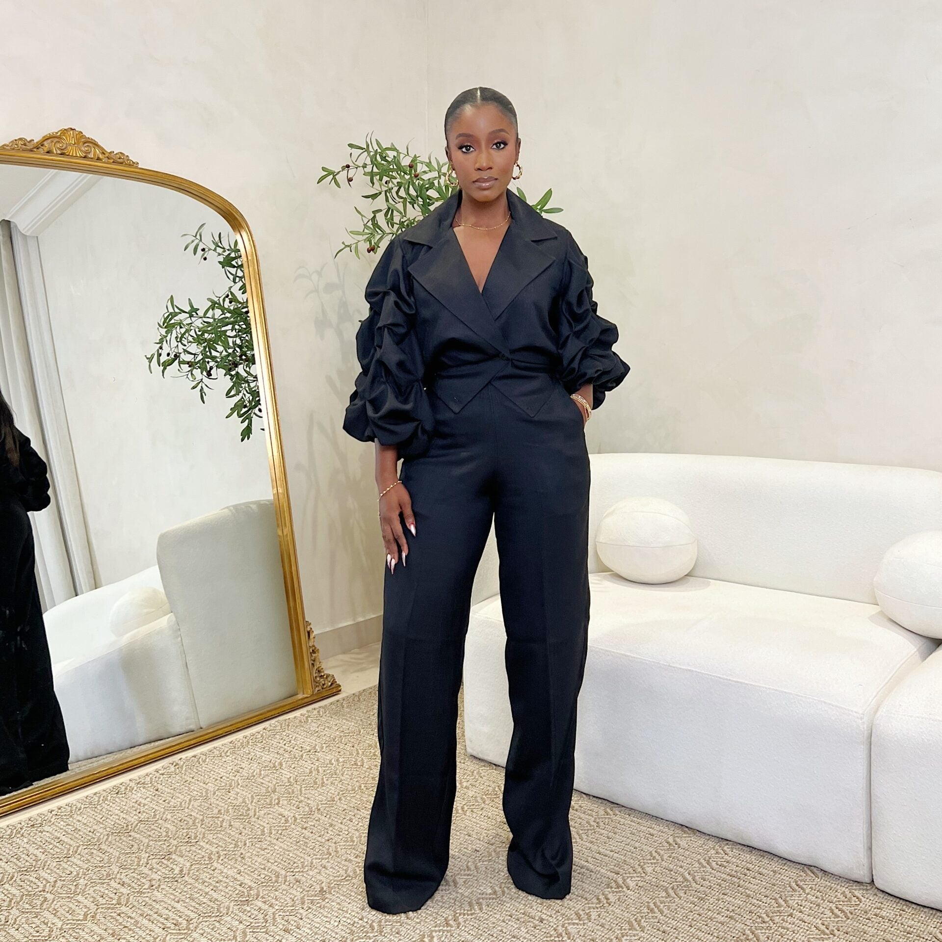 Career Casual Turndown Collar Pleated Sleeve Wide-Leg Pants Set 3