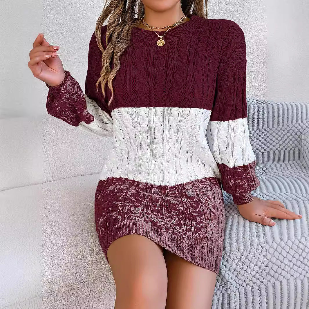 Autumn Winter Casual Color Matching Twisted Lantern Sleeve Sweater Dress Women's Clothing 7