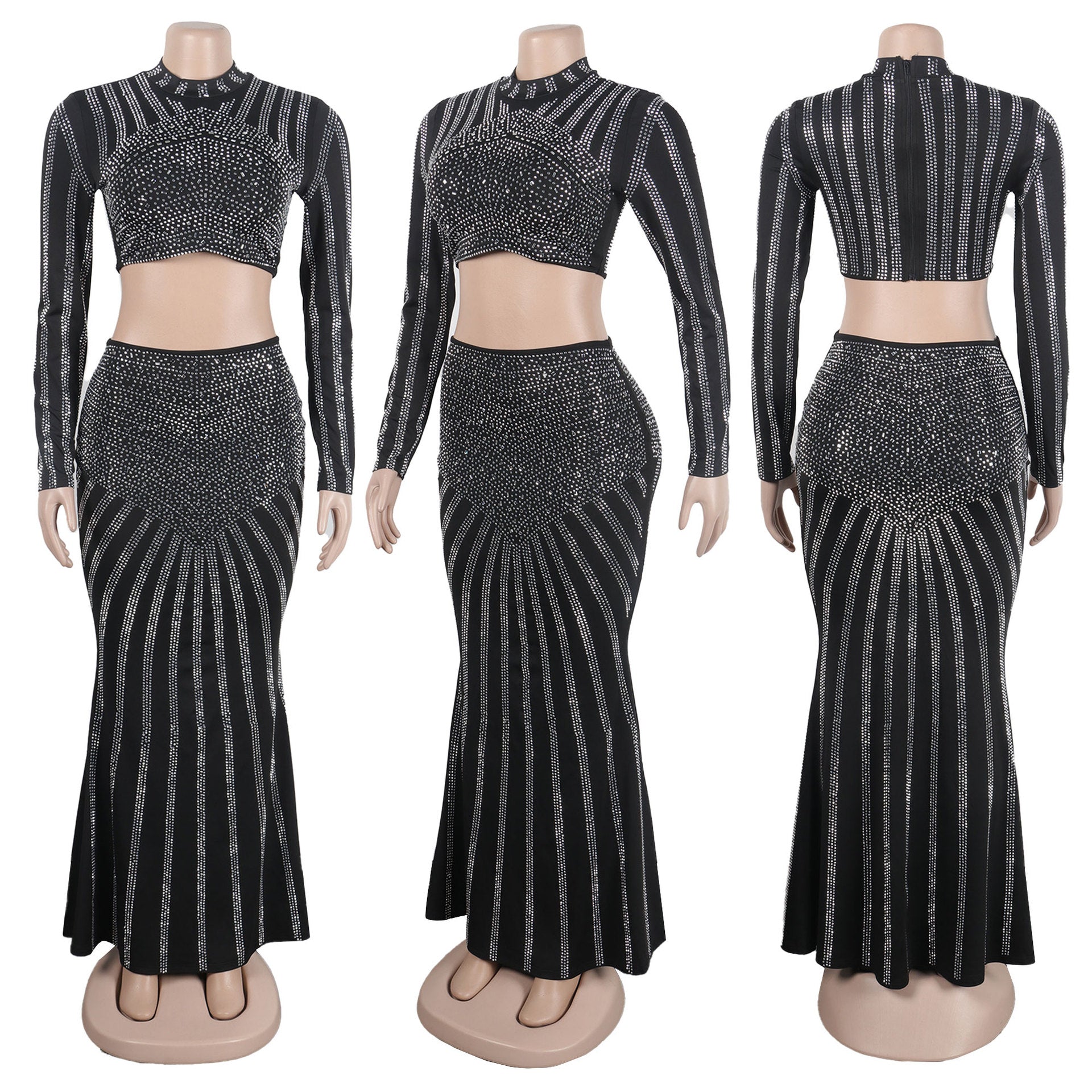 Sexy Beaded Tight Fitting Stretch Long Sleeve Top Bodycon Mermaid Skirt Suit 14