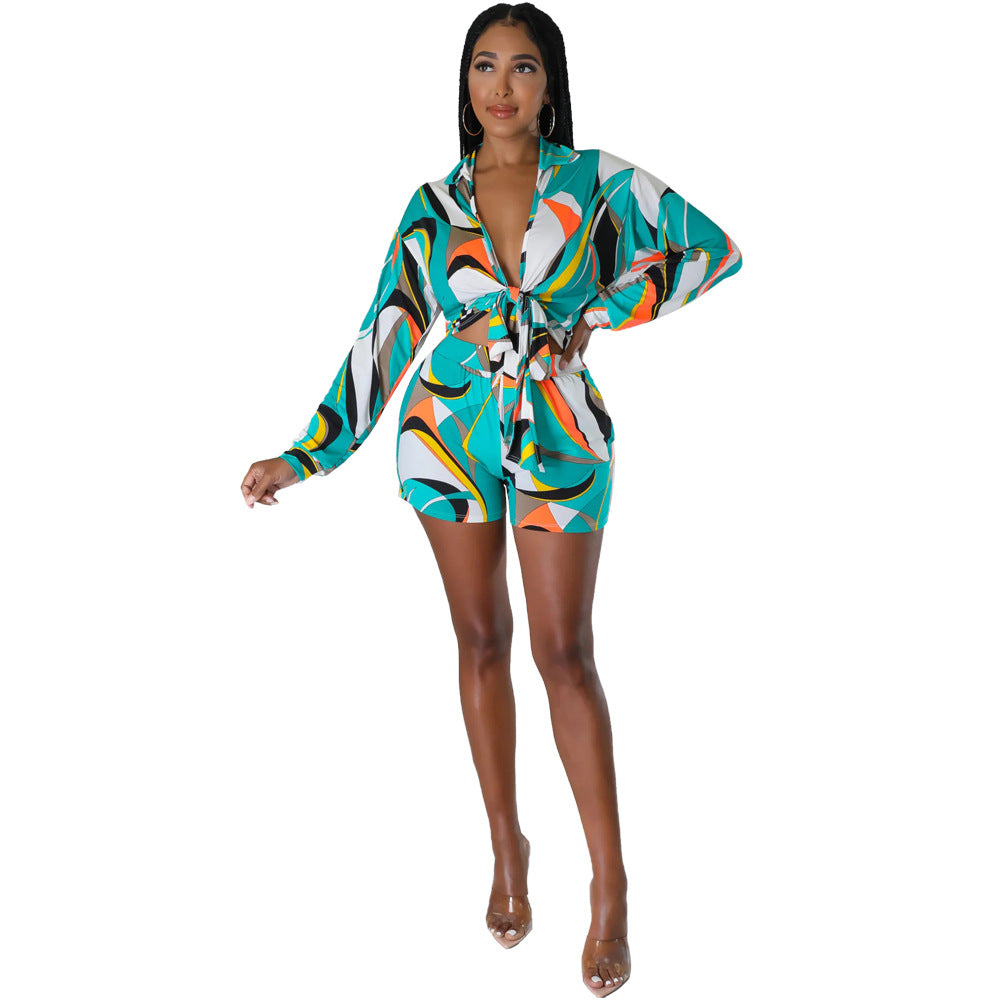 Women Printed Lace-Up Long Sleeve Shirt and Shorts Holidays Two-Piece Set 5
