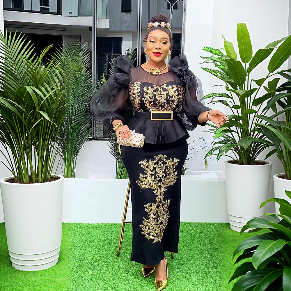 African Plus Size Women's Clothing Patchwork Bubble Sleeve Sequined High Waist Evening Dress 4