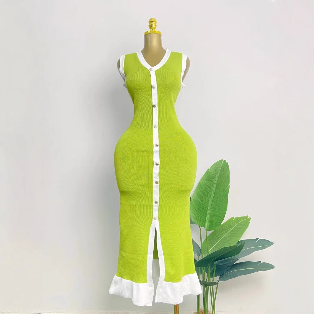 Women V-neck sleeveless contrasting sexy summer dress