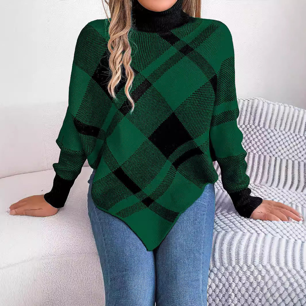 Autumn Winter Casual Contrast Plaid High-Neck Long-Sleeved Sweater Christmas Women's Clothing 6