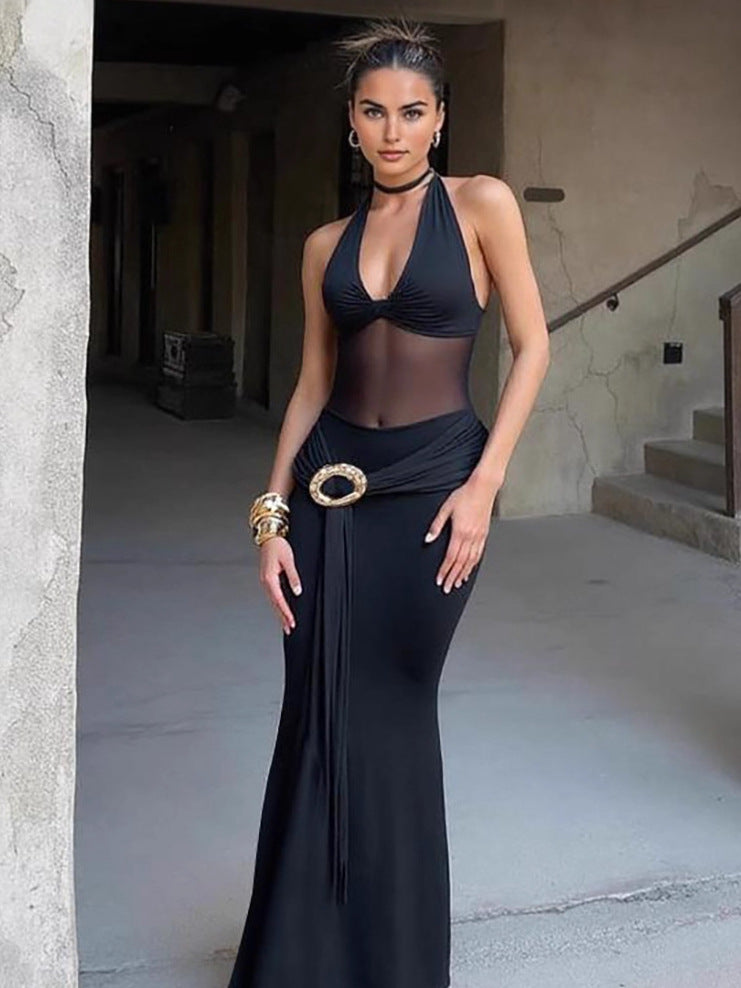 Autumn Women's Sexy Mesh Patchwork See-Through Slim Fit Halter Neck Lace-Up Dress 6