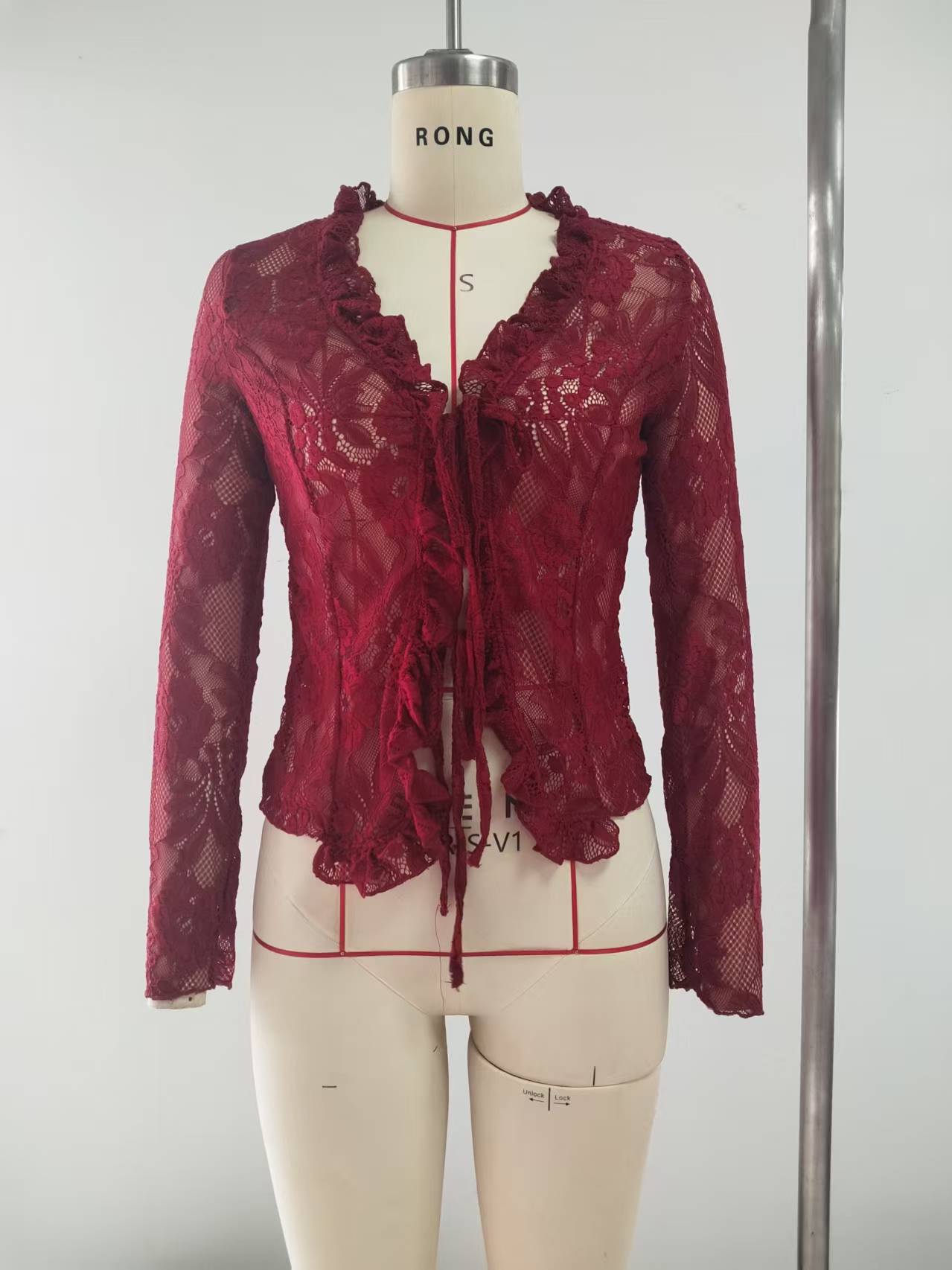 Women see-through lace long-sleeved ruffled mesh crop top 10