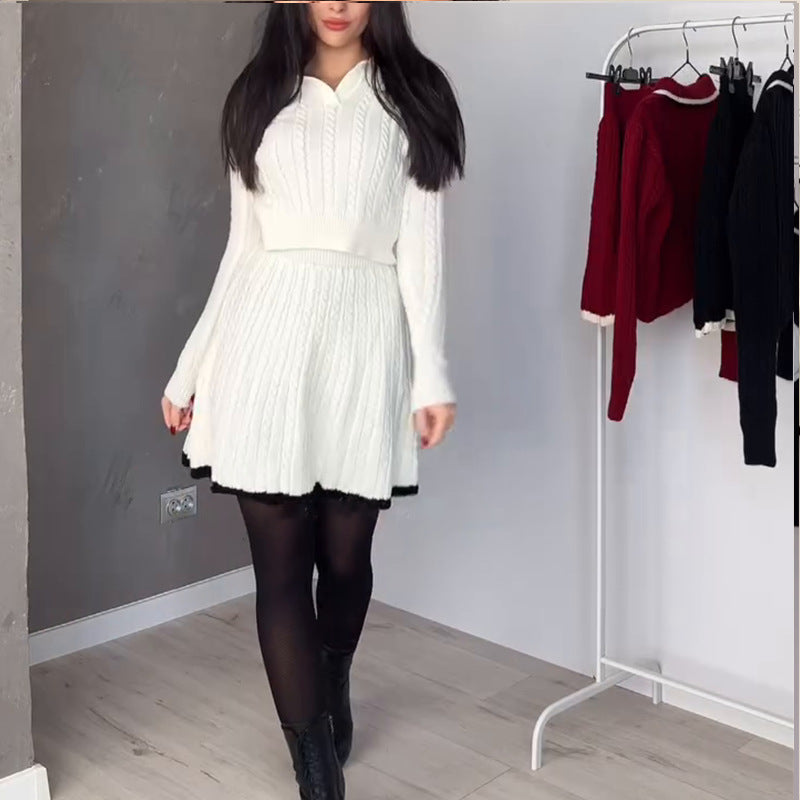 Women Knitting Long Sleeve Top and Skirt Two Piece Set 5