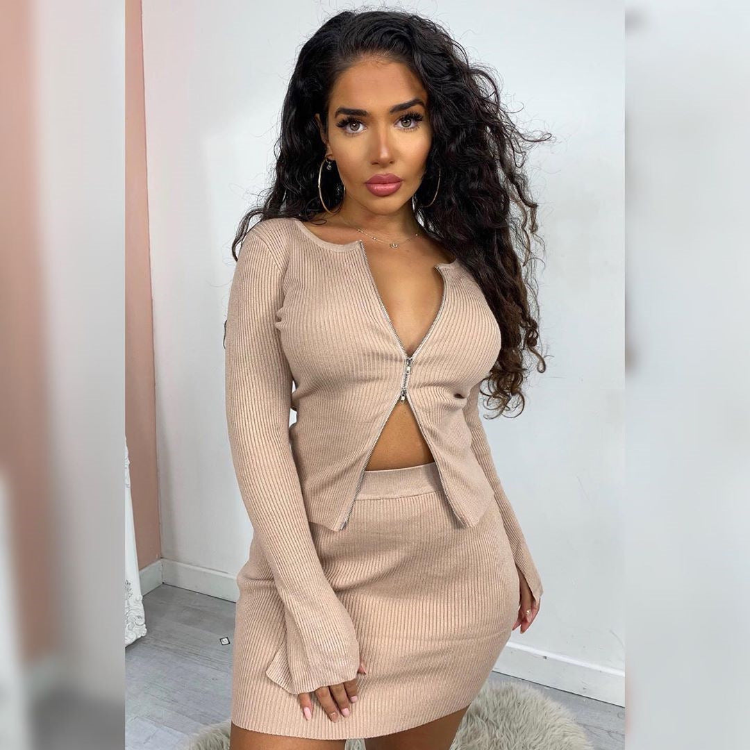 Spring Summer Women's Fashion Zipper Ribbed Long Sleeve Top & Short Skirt Two-Piece Set 5