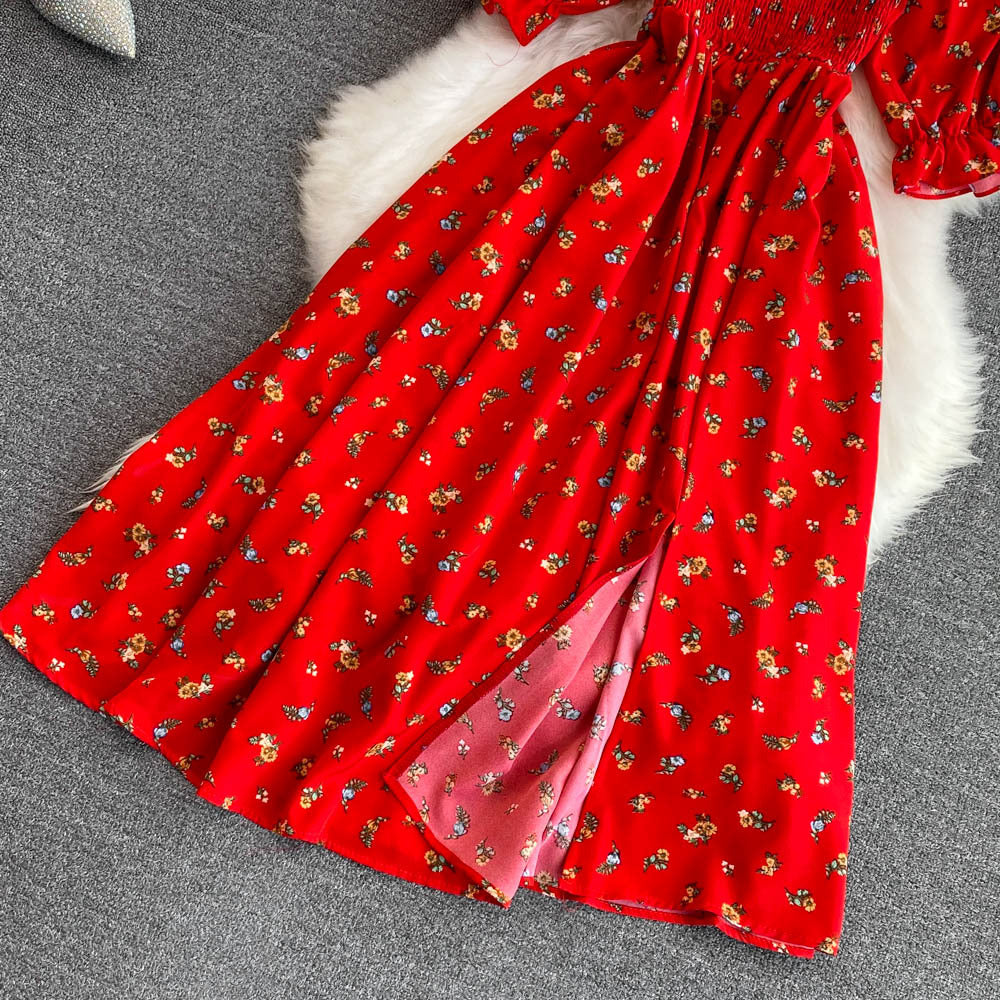 Women Summer French Square Neck Bubble Short Sleeve Slit Dress 30