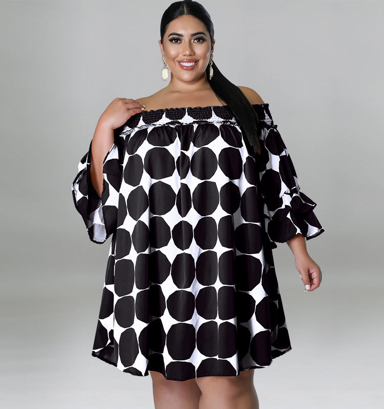 Plus Size Women's Short Sleeve comfortable Off Shoulder Polka Dot Print Loose Casual Dress 3