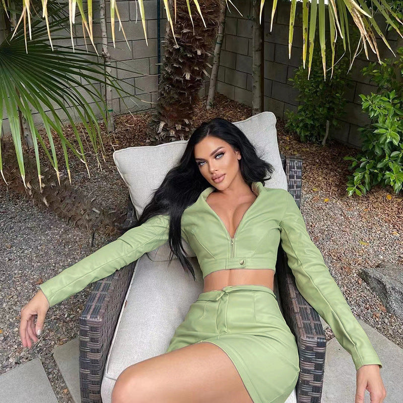 Women's Autumn Fashion Long Sleeve Crop Zipper Pu Jacket Bodycon Skirt Set for Women 6