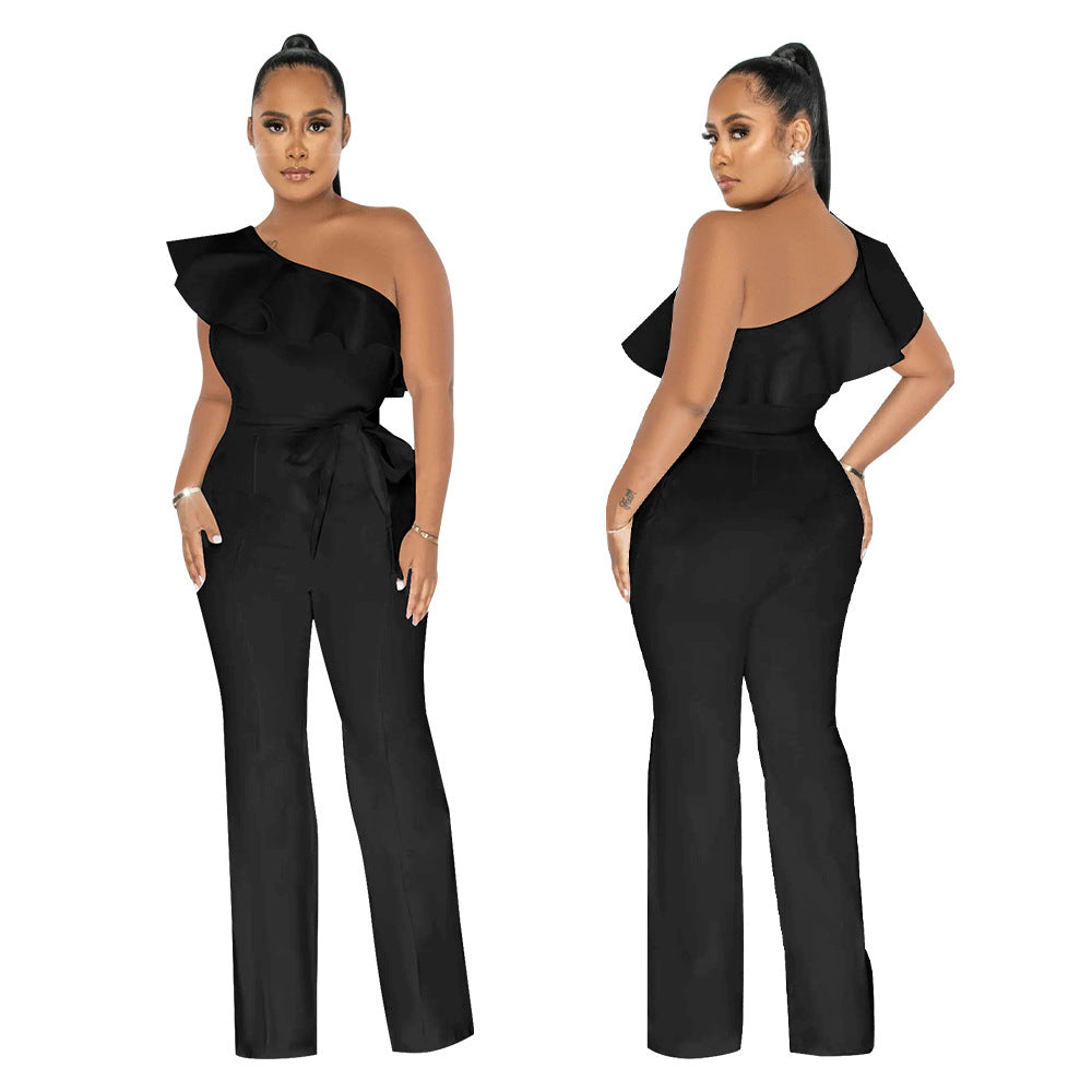 Women Solid Ruffle Jumpsuit with Belt 4