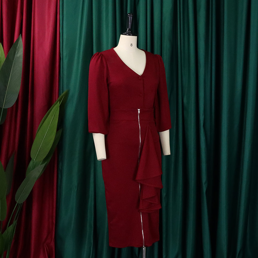 Plus Size Women'S Fall/Winter V-Neck Long Sleeve Top Bodycon Skirt Two Piece Set 14