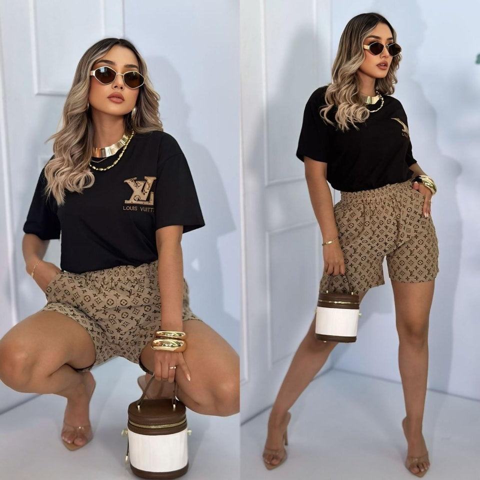 Women's Summer Embroidered & Printed Short-Sleeved Shorts Set