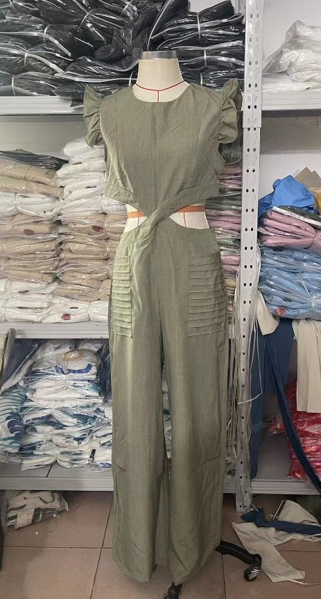 Women Summer Round Neck Ruffled Loose Jumpsuit 21