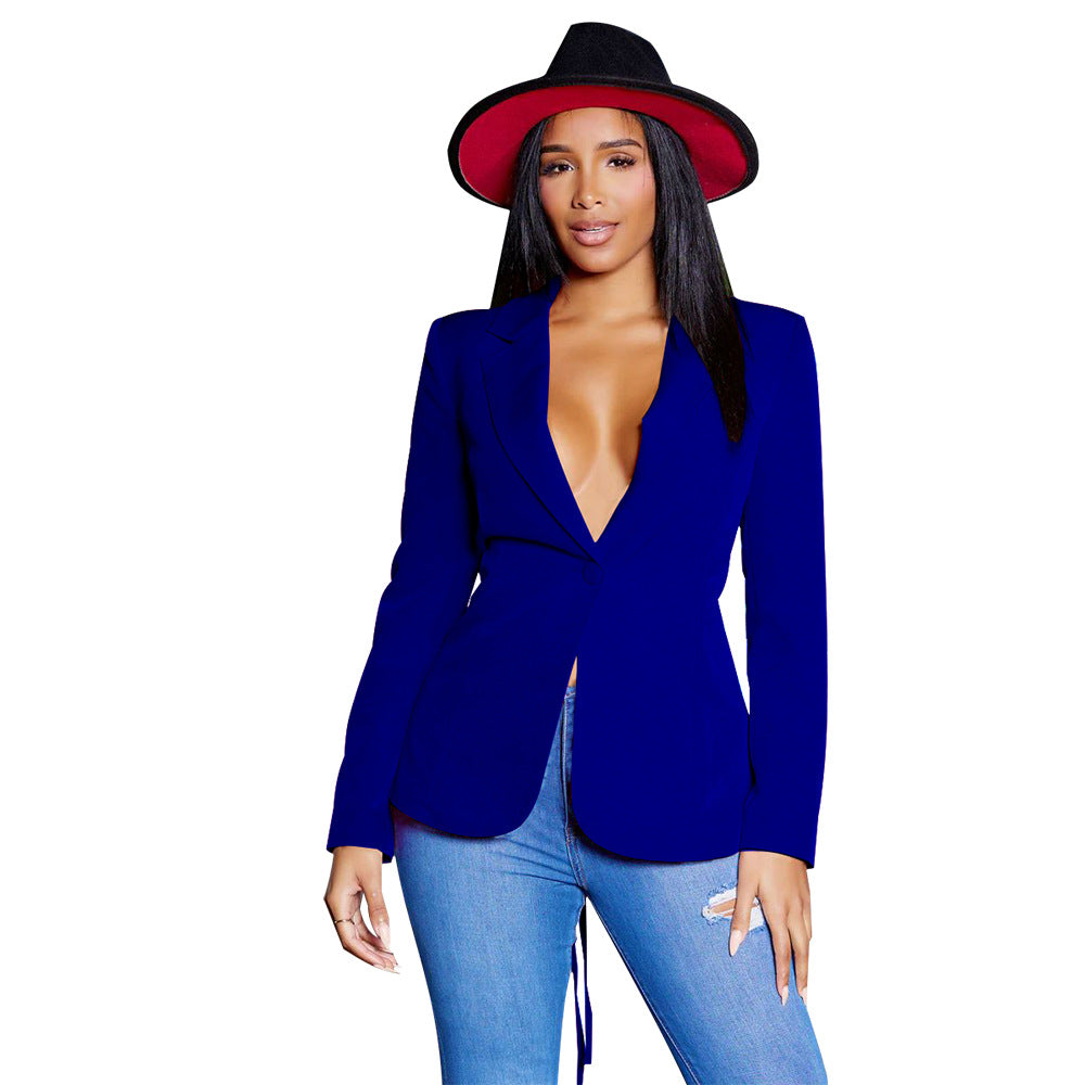 Fashion Women's Sexy V Neck Blazer Solid Color Long Sleeve Coat 15