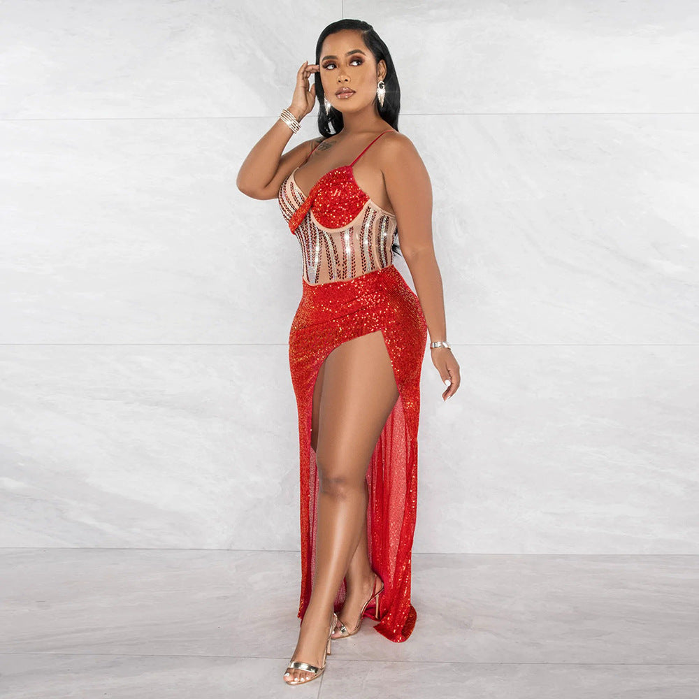 Women Fashion Sexy V Neck Straps Sequins Beaded Slit Evening Dress 3