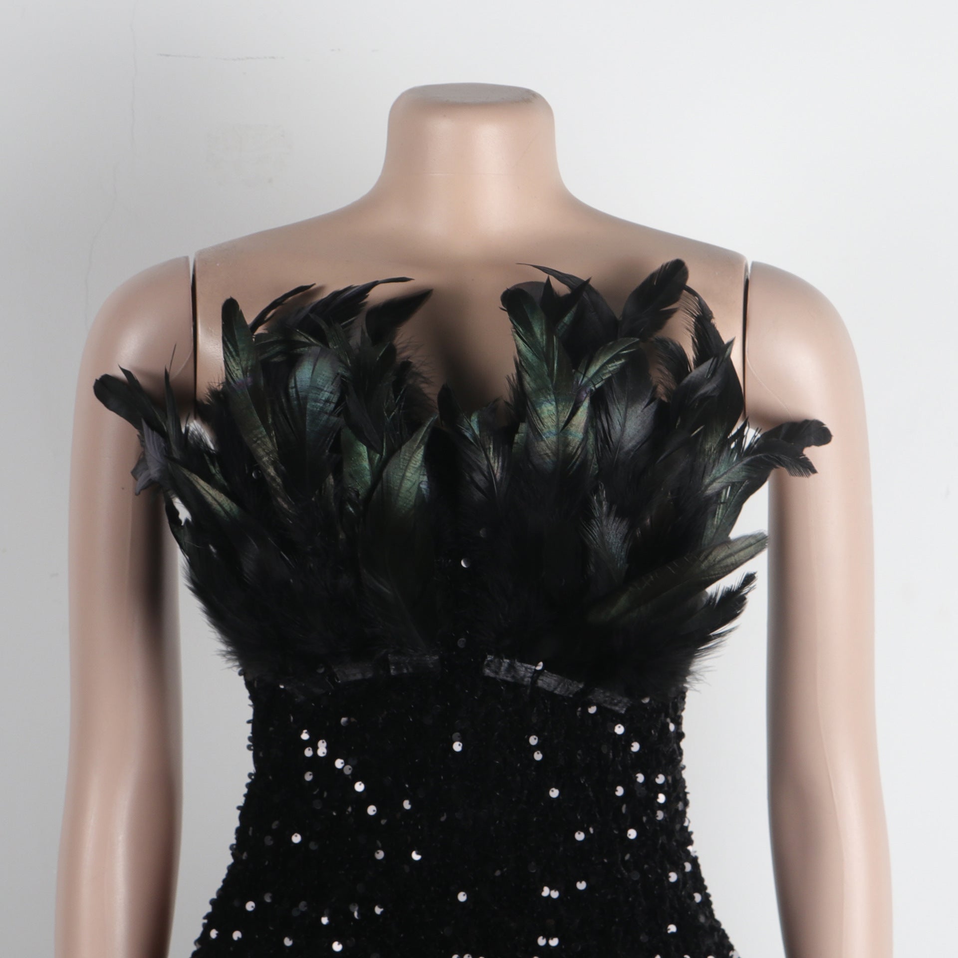 Sexy Feather Sequin Strapless Tight Fitting Slim Bodycon Dress 16