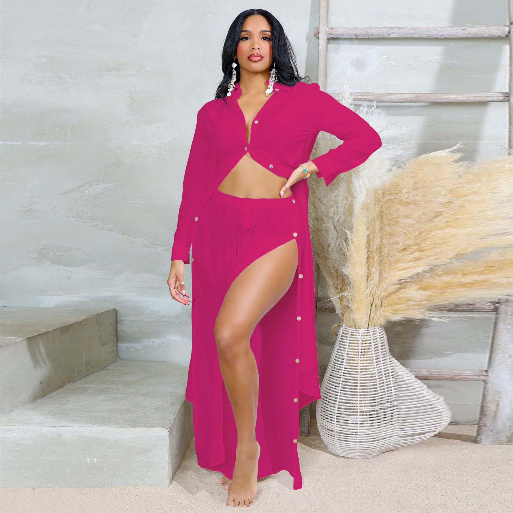 Women Solid Long Sleeve Top and Slit Skirt 2-piece set 3