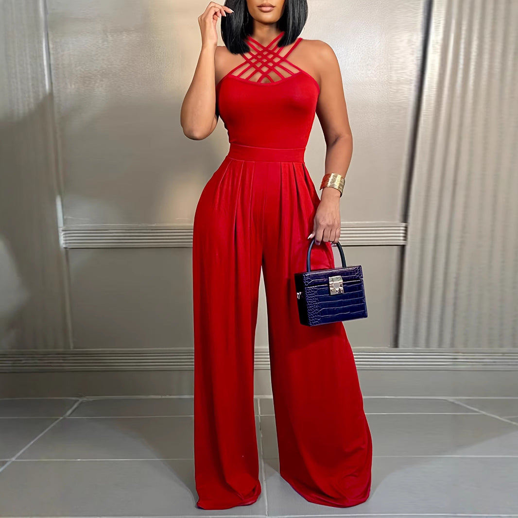 Women Career Sexy Strap Cross Wide Leg Jumpsuit 3