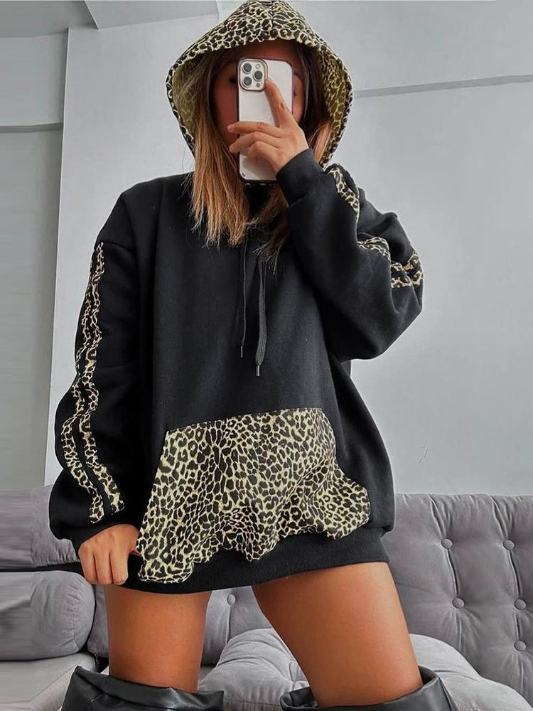Women Leopard Patchwork Drawstring Pocket Loose Casual Hoodies 6