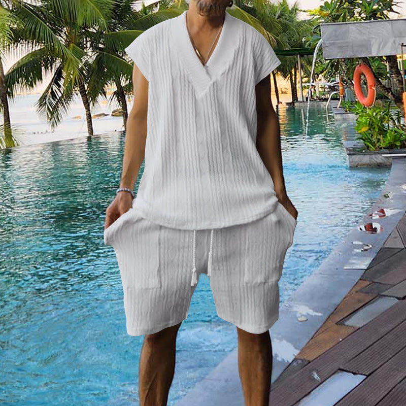 Men's Summer Loose Sleeveless T-Shirt Shorts Men's Summer Casual Jacquard Knitting Set 11