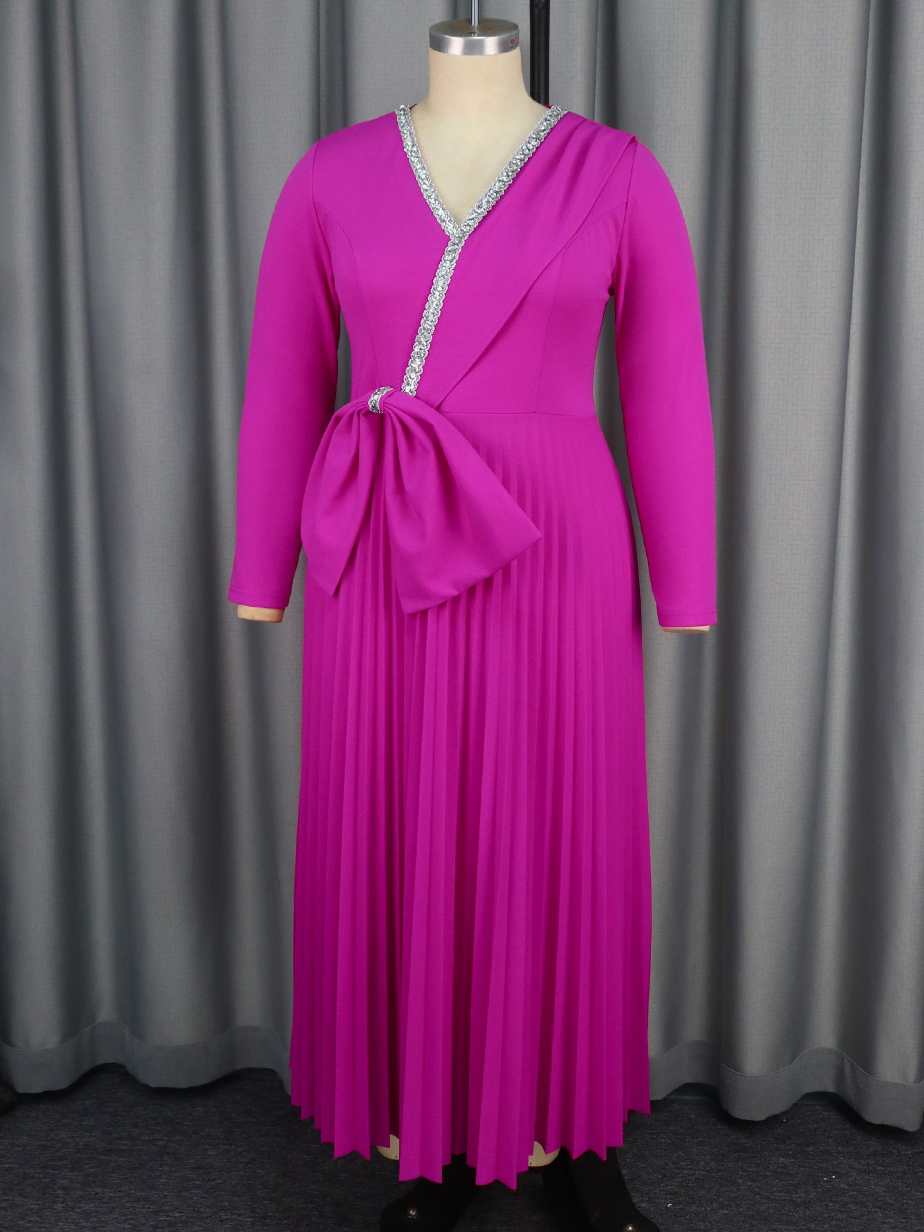 Women autumn and winter diamond v-neck bow party formal party pleated dress 10