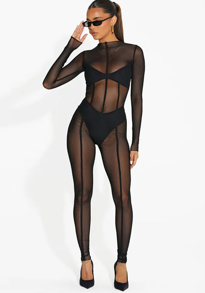 Women Long Sleeve Mesh Sexy See-Through Jumpsuit