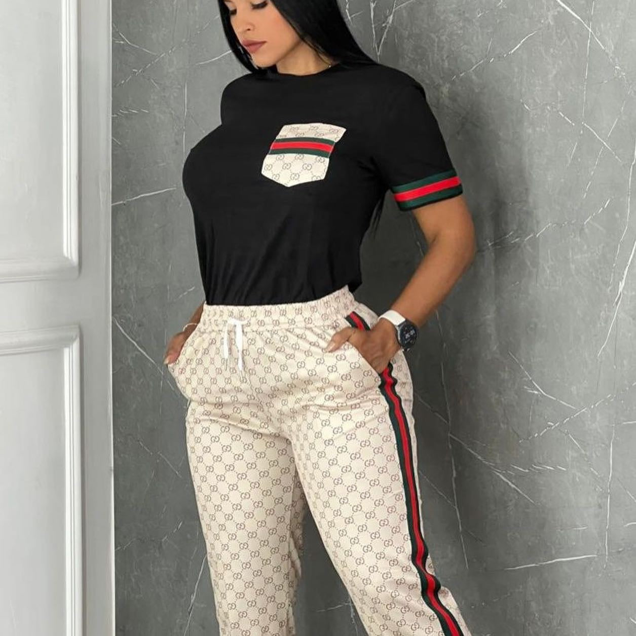 Women Contrast Color Printed Short Sleeve Top and Pants Two-piece Set