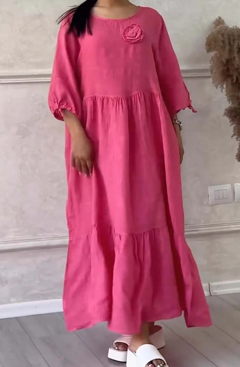 Women's Round Neck Pleated Long Sleeve Drawstring Back Tie Solid Color Casual Loose Dress 4