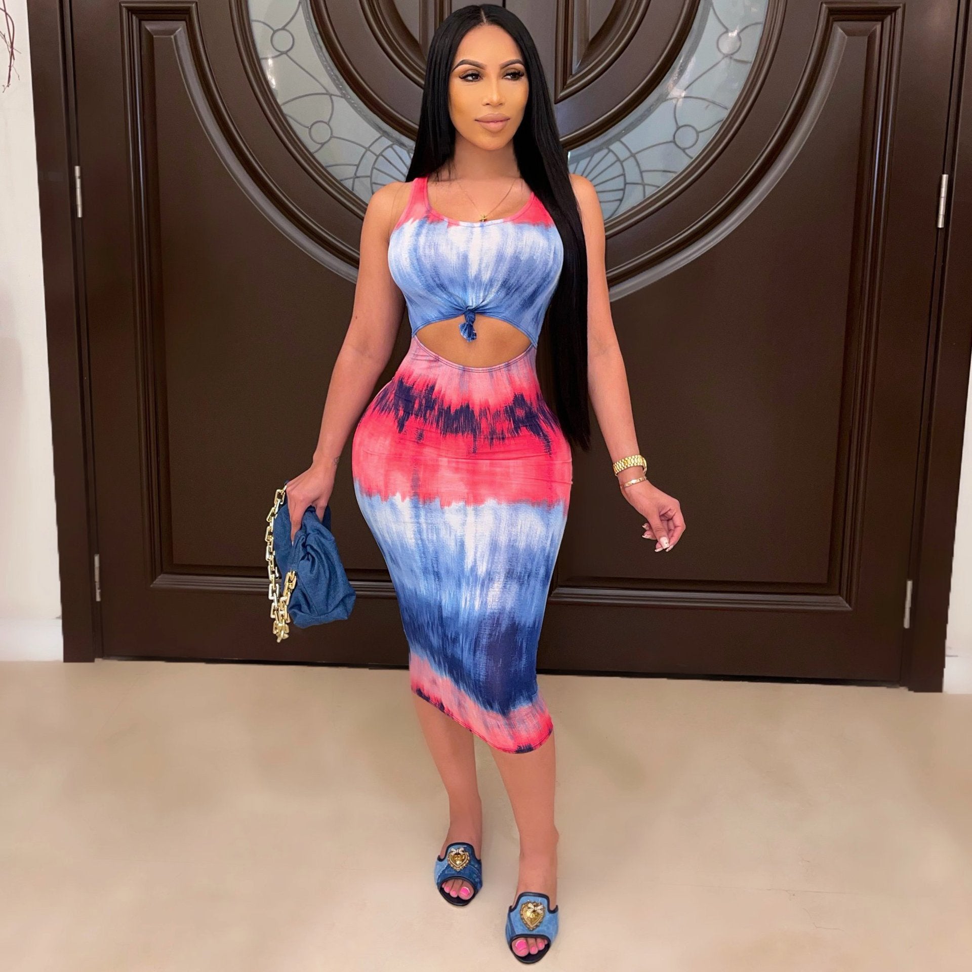 Women Spring/Summer Sexy Sleeveless Suspender Tie-Dye Print Dress 3